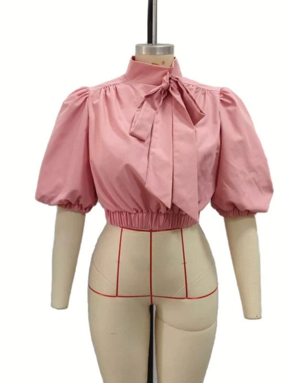 ZARA Solid Color Bow Tie Puff Sleeve Stand Collar Casual Short Blouse